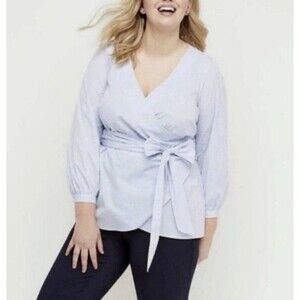 Lane Bryant Wrap Blouse Womens Plus Sz 24 Blue White Gingham Checkered Belt NEW